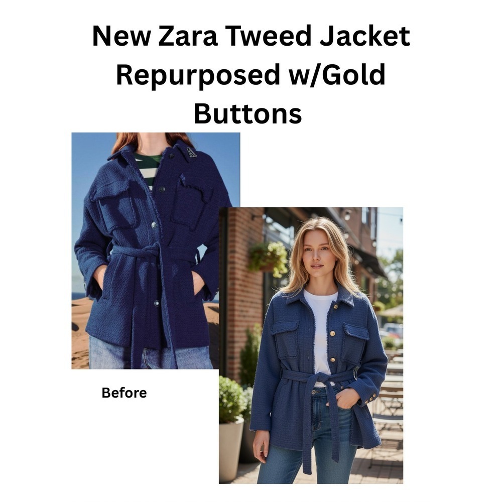Zara Blue Tweed Belted Jacket Gold Crest Buttons Shacket Size L Large Womens